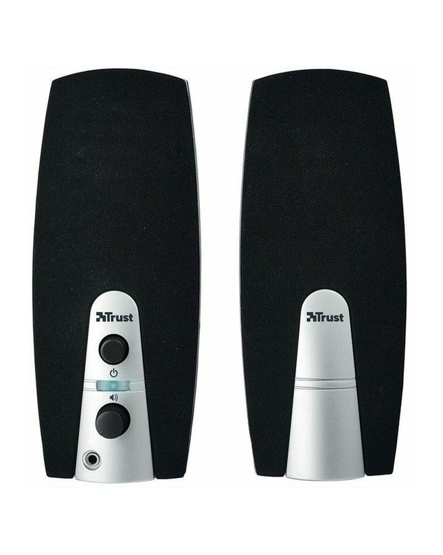 Trust MiLa 2.0 speaker set in black, compact audio speakers with 10W power for desktop computer audio.