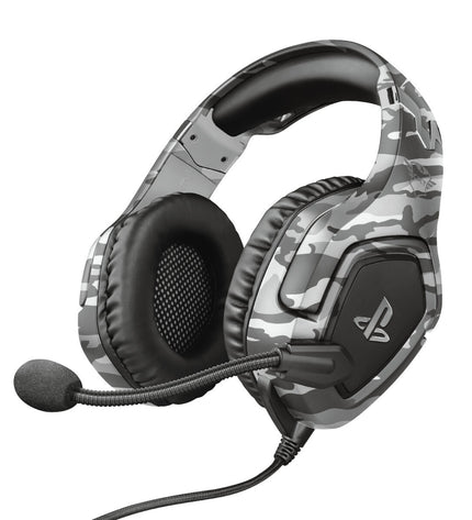 Wireless Trust GXT488 gray headphones with over-ear design and built-in microphone for gaming and electronic use.
