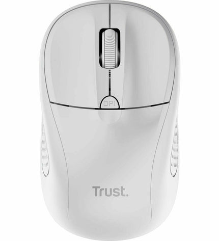 Wireless optical mouse by Trust, showing the sleek black design with buttons and scroll wheel, compatible with plug & play game consoles.