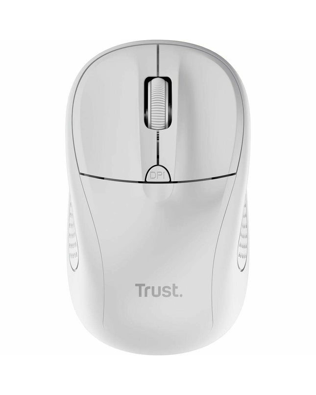 Wireless optical mouse by Trust, showing the sleek black design with buttons and scroll wheel, compatible with plug & play game consoles.