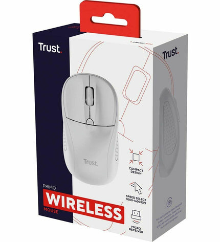 Wireless optical mouse by Trust, featuring a sleek design, USB receiver, and ergonomic shape for comfortable use.