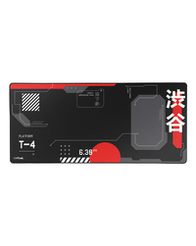 Trust gaming mat in black designed for plug-and-play game consoles, featuring a smooth surface ideal for gaming sessions.