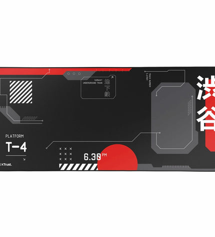 Trust gaming mat in black for plug and play gaming consoles, featuring a smooth surface designed for electronic gaming setups.