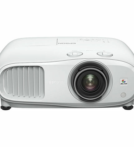Epson projector V11H961040 displaying a vibrant movie scene on a white wall in a home theater setup