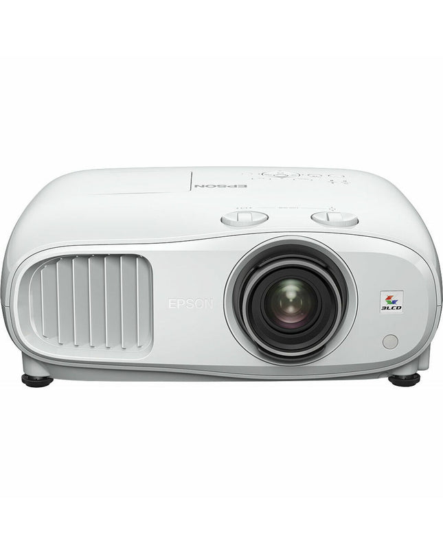Epson projector V11H961040 displaying a vibrant movie scene on a white wall in a home theater setup