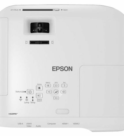 Epson EB-X49 LCD XGA multimedia projector showing front view with lens, buttons, and vents in a home theater setup.