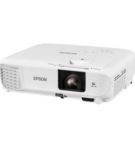 Epson EB-W49 WXGA projector with 3800 lumens, white finish, displaying a bright image on a screen in a home theater setup.