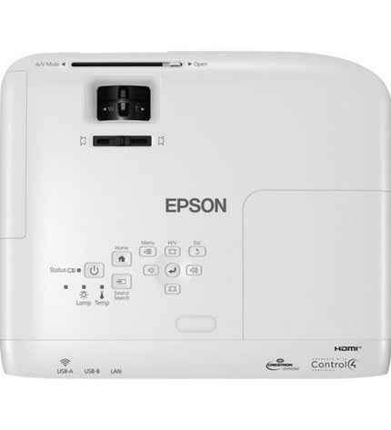 Epson EB-W49 WXGA projector showing bright, clear image, 3800 lumens, with sleek design for home theater and electronic entertainment.