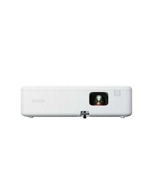 Epson CO-FH01 projector displaying a vibrant home theater image with 3000 lumens brightness, electronic TV and video device.