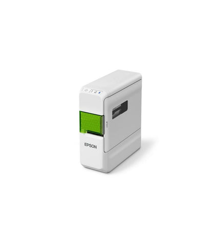 Epson LW-C410 label printer on office desk, showing compact design and label output in a professional office environment.