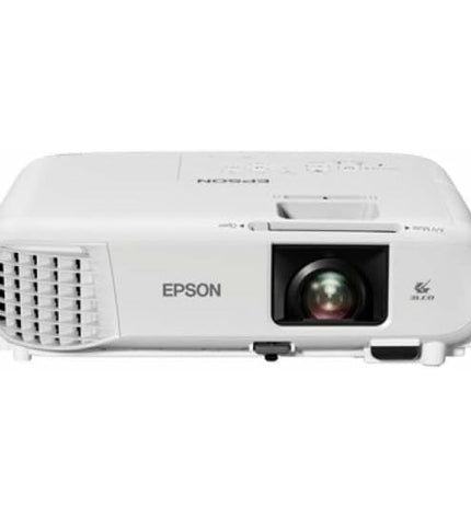 Epson V11HB51040 XGA projector displaying a bright image in a home theater setup with electronic devices.