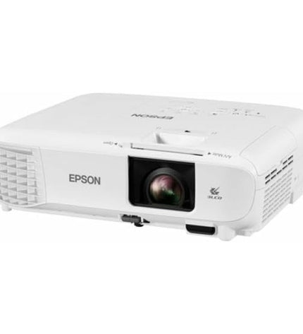 Epson V11HB51040 XGA projector with 3600 lumens, showing image projection on a screen in a home theater setting