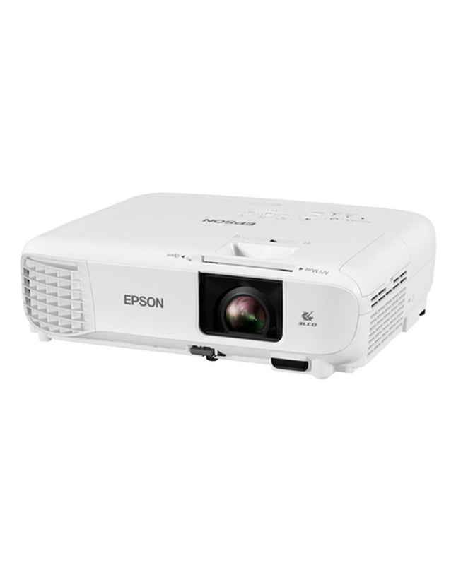 Epson V11HB51040 XGA projector displaying a vibrant image, with buttons and lens visible on a sleek electronic device.