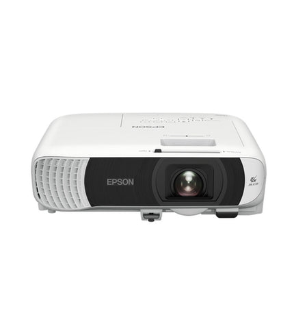 Epson V11HB59040 Full HD projector with 4100 lumens, showing image projection on a screen in a home theater setting.