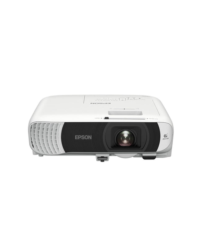 Epson V11HB59040 Full HD projector with 4100 lumens, showing image projection on a screen in a home theater setting.