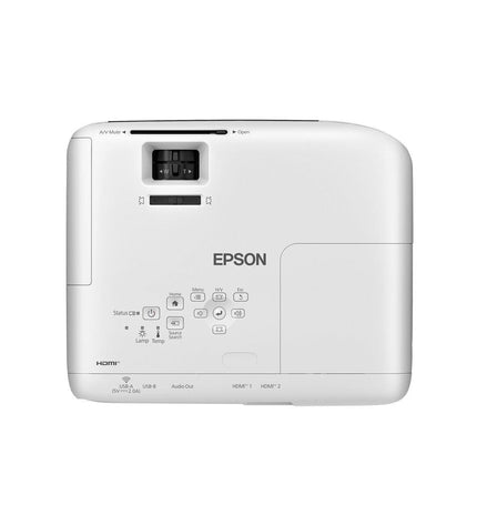 Epson Full HD LCD projector with 3600 lumens brightness, showing a bright, clear image on a wall in a home theater setup.