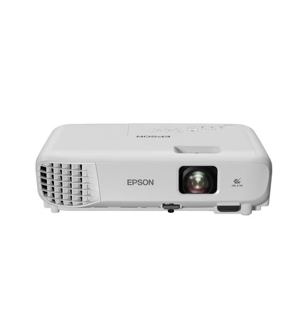 Epson EB-W53 projector displaying a bright image, with white body and lens, suitable for home theater and multimedia use.