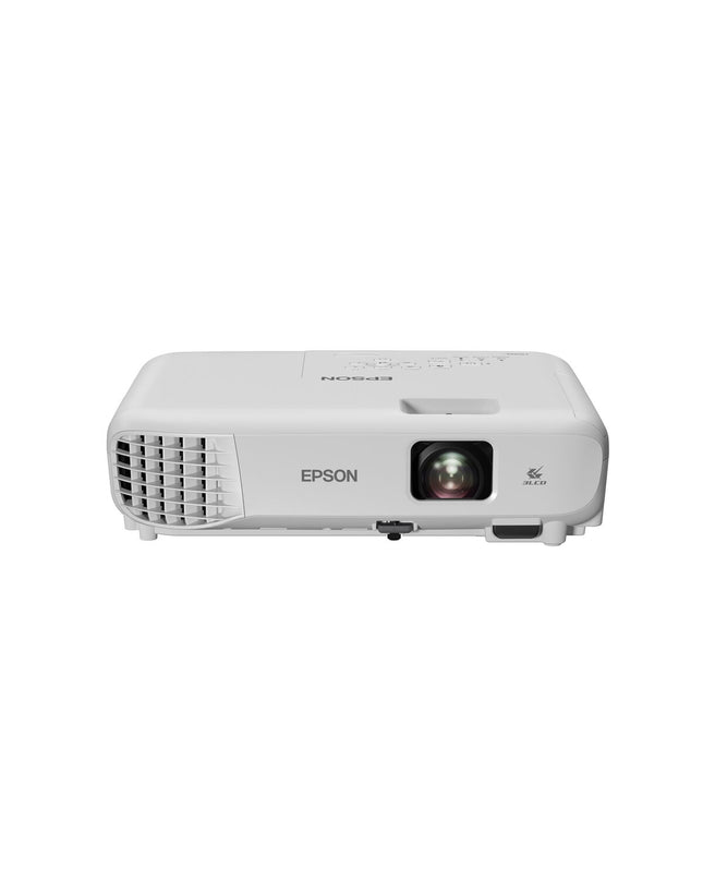 Epson EB-W53 projector displaying a bright image, with white body and lens, suitable for home theater and multimedia use.