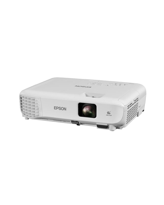 Epson EB-W53 projector displaying bright images with 3200 lumens and 1280x800 resolution in a home theater setup.