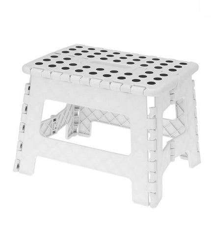 Foldable EDM bathroom stool measuring 27x28x21 cm with 80 kg capacity, featuring sturdy design for home and kitchen use.