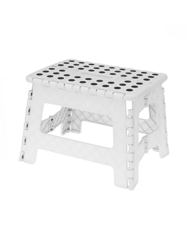 Foldable EDM bathroom stool measuring 27x28x21 cm with 80 kg capacity, featuring sturdy design for home and kitchen use.