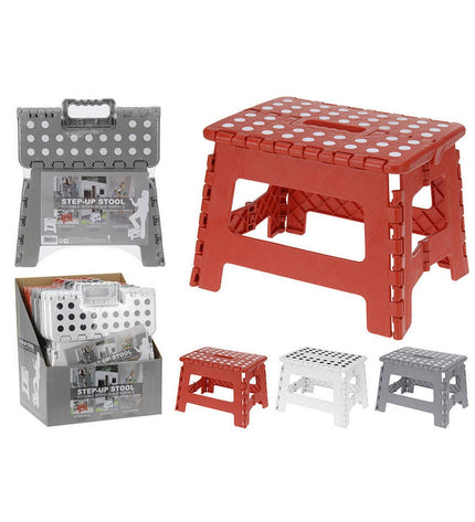 Compact EDM foldable stool in black, 27x28x21 cm, sturdy up to 80 kg, ideal for home, bathroom, and kitchen use.