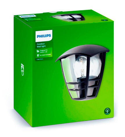 Philips black outdoor garden wall lamp with aluminium finish, 60W E27 bulb for outdoor decor and lighting.