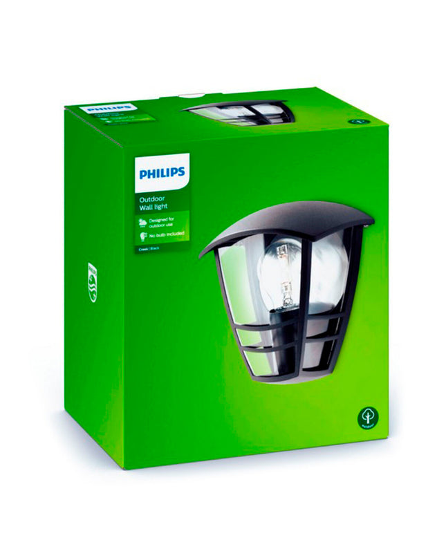 Philips black outdoor garden wall lamp with aluminium finish, 60W E27 bulb for outdoor decor and lighting.