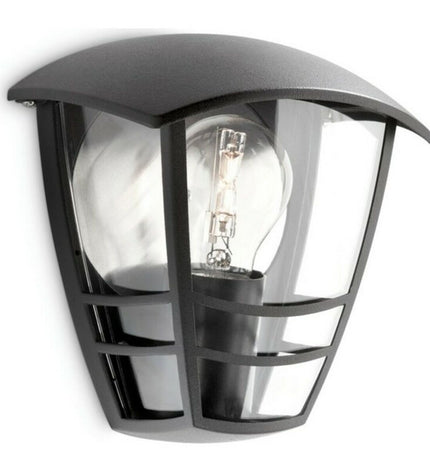 Philips black aluminium outdoor garden wall lamp with 60W E27 bulb, decorative exterior lighting for outdoor spaces.