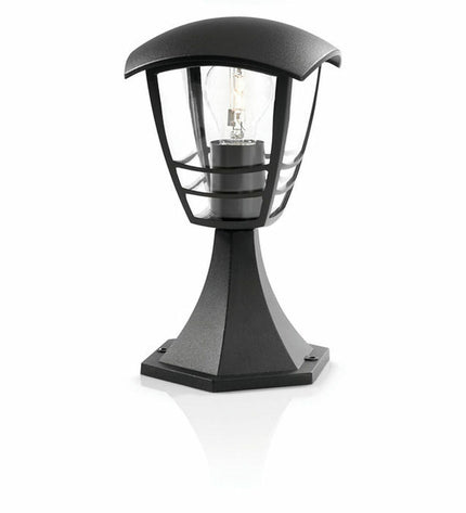 Philips black aluminum outdoor garden wall lamp with E27 bulb socket, decorative exterior lighting for garden or patio.