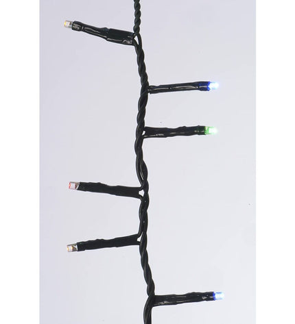 Lumineo multicolour LED light garland, 16 to 21 meters, outdoor garden decoration with multicolored LED bulbs on a black cable.