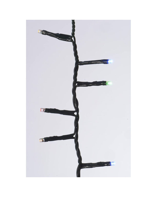 Lumineo multicolour LED light garland, 16 to 21 meters, outdoor garden decoration with multicolored LED bulbs on a black cable.