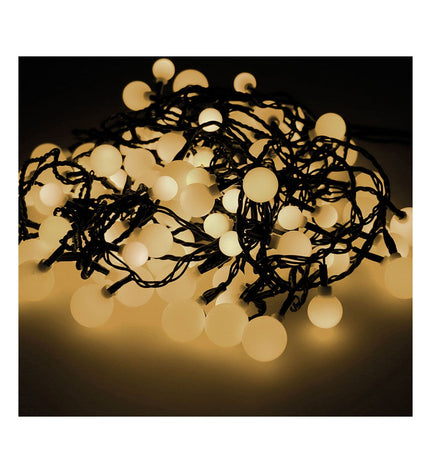 Lumineo warm witte 14m LED-lichtkrans voor tuin decoratie, buitengebruik, met kleine LED-lampjes en flexibele bedrading.