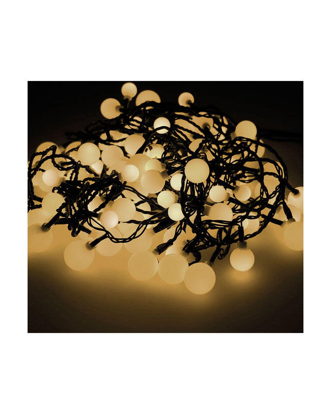 Lumineo warm witte 14m LED-lichtkrans voor tuin decoratie, buitengebruik, met kleine LED-lampjes en flexibele bedrading.