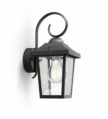 Philips black aluminium outdoor garden wall lamp with E27 socket, 60W, decorative exterior lighting, single unit.