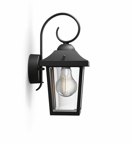 Philips black aluminium outdoor garden wall lamp with E27 socket, 60W, decorative exterior lighting, single unit.