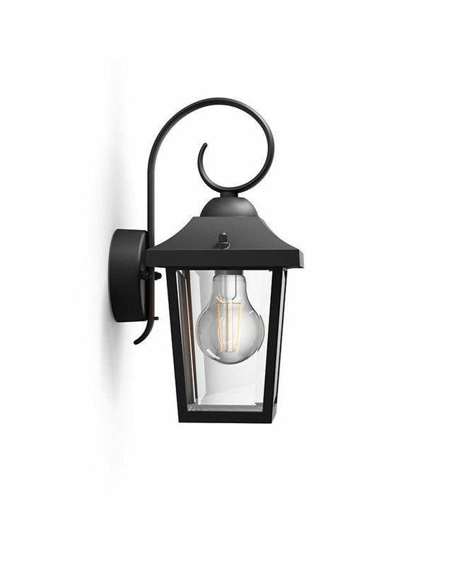 Philips black aluminium outdoor garden wall lamp with E27 socket, 60W, decorative exterior lighting, single unit.
