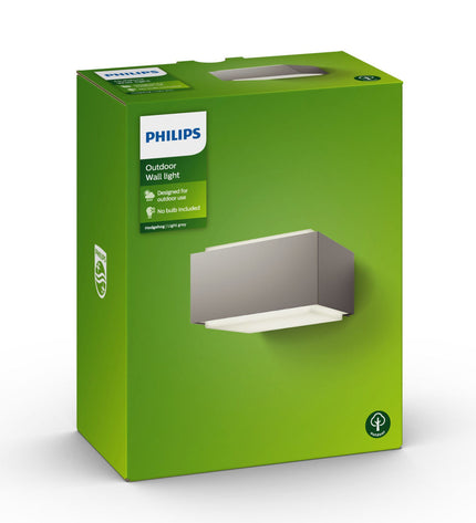 Philips outdoor garden wall lamp in grey aluminum with 42W E27 bulb, suitable for exterior decorative lighting.