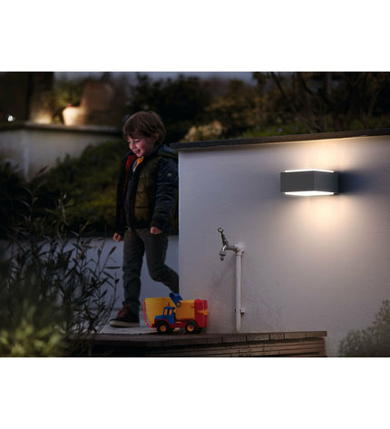 Philips outdoor garden wall lamp in grey aluminum with 42W E27 bulb, decorative exterior lighting for outdoor spaces.