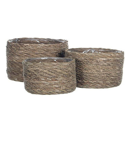 Mica Decorations brown woven storage baskets with three compartments for home organization and kitchen use.