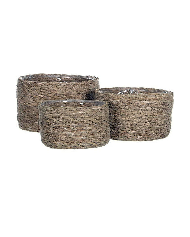 Mica Decorations brown woven storage baskets with three compartments for home organization and kitchen use.