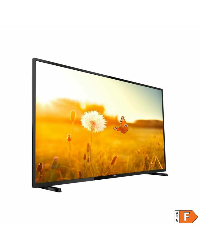 Philips 32-inch HD LED TV displaying a screen with a colorful interface, sleek black frame, and modern design.