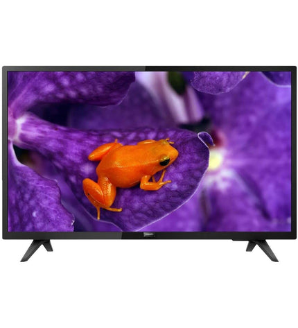 Philips 32-inch Full HD LED Smart TV with slim black bezel, electronic remote control, and screen displaying colorful content