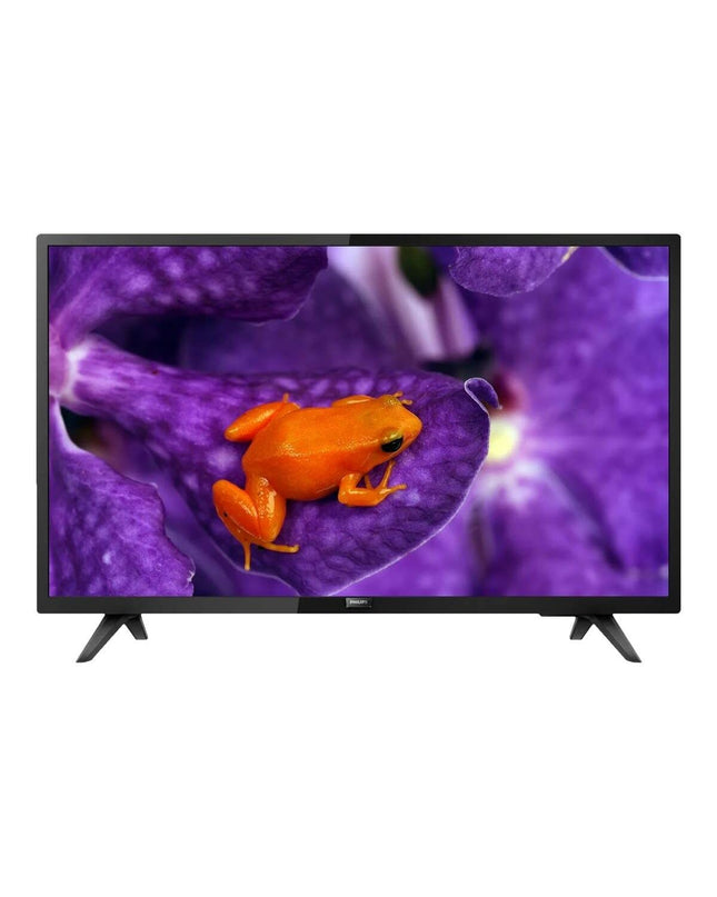 Philips 32-inch Full HD LED Smart TV with slim black bezel, electronic remote control, and screen displaying colorful content
