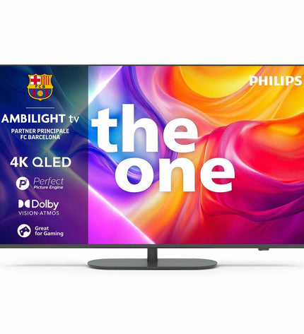Philips 43-inch 4K Ultra HD LED QLED Smart TV displaying vibrant colorful images with slim bezels and a modern design