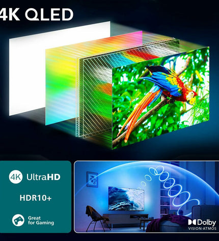 Philips 43PUS9010/12 43-inch 4K Ultra HD QLED Smart TV with HDR, LED display, and sleek modern design.