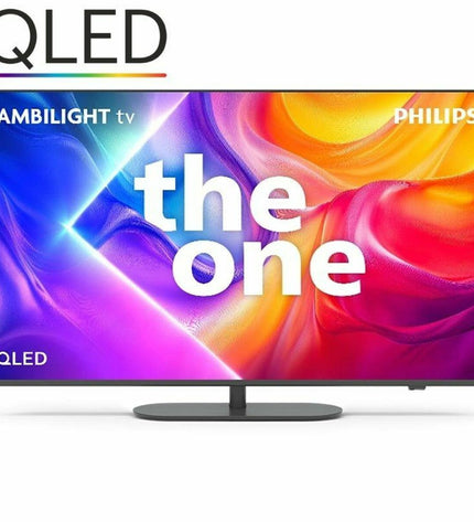 Philips 43-inch 4K Ultra HD LED QLED Smart TV displaying vibrant HDR images, sleek black screen with thin bezels.