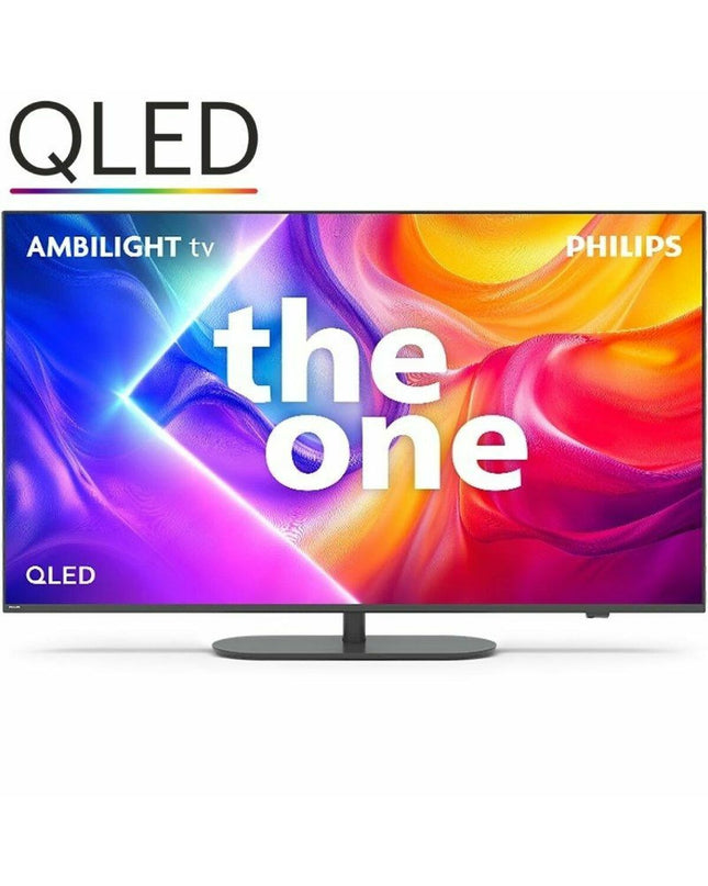 Philips 43-inch 4K Ultra HD LED QLED Smart TV displaying vibrant HDR images, sleek black screen with thin bezels.