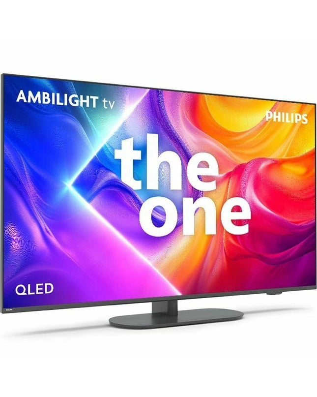 Philips 43" 4K Ultra HD LED QLED Smart TV with HDR, sleek black screen and slim bezels for home entertainment.