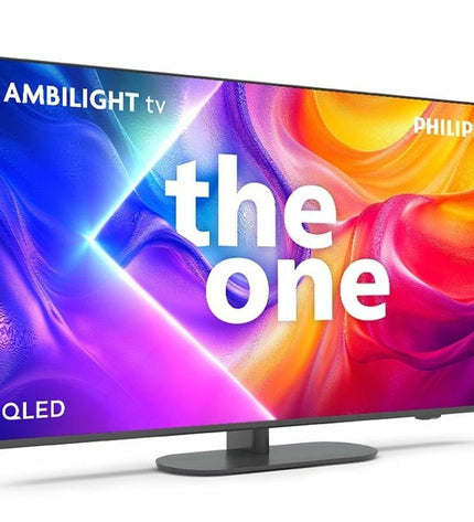 Philips 43PUS9010/12 4K Ultra HD LED QLED Smart TV showing a vibrant screen with sleek black frame and slim design.